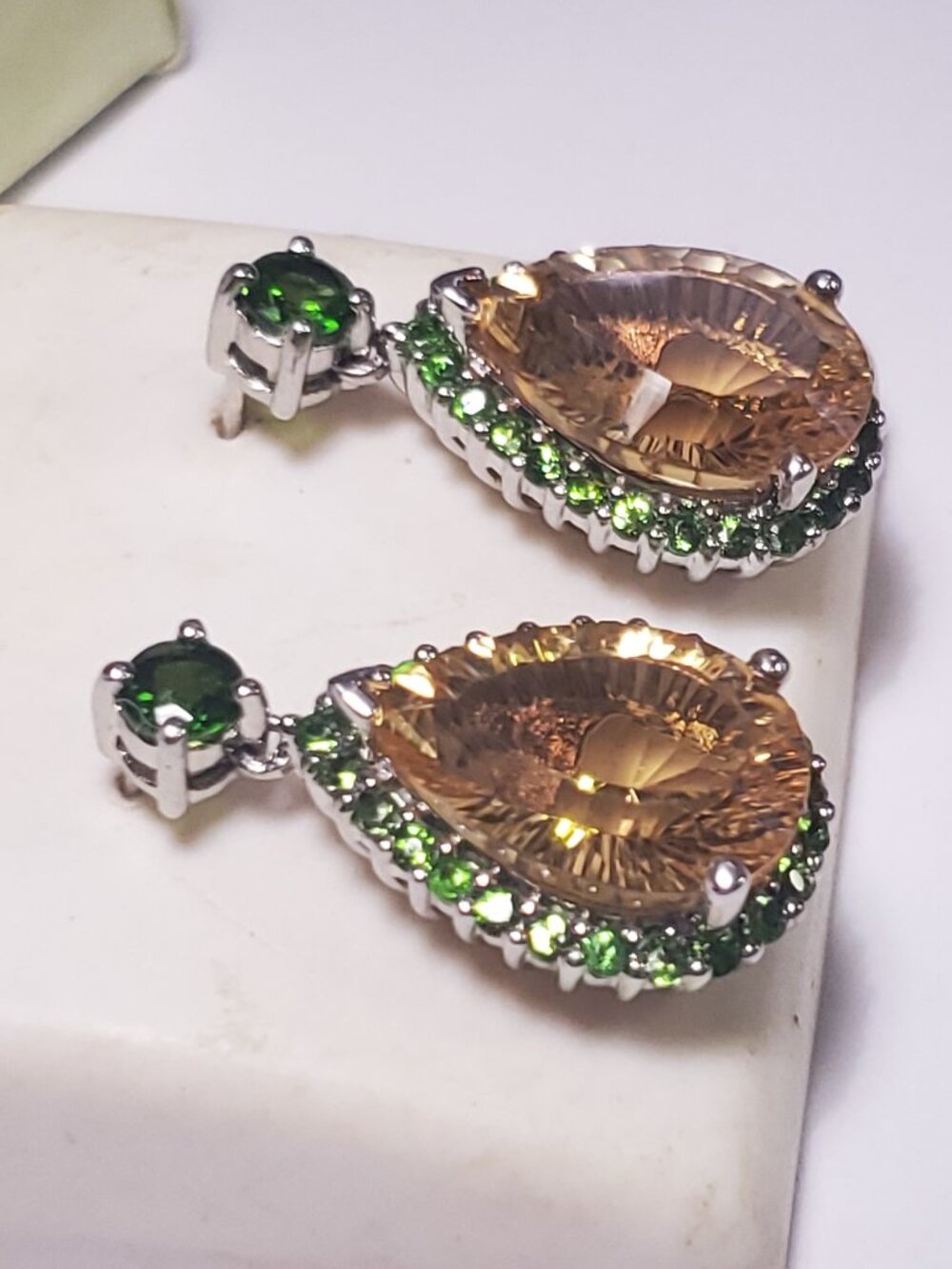 Estate 12.65ctw Lazor Cut Citrine &Peridot Halo Dangle Sterling925 Earrings24586